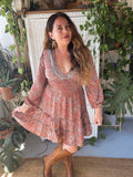 Short boho silk tiered dress w/ balloon sleeves (orange-gray)