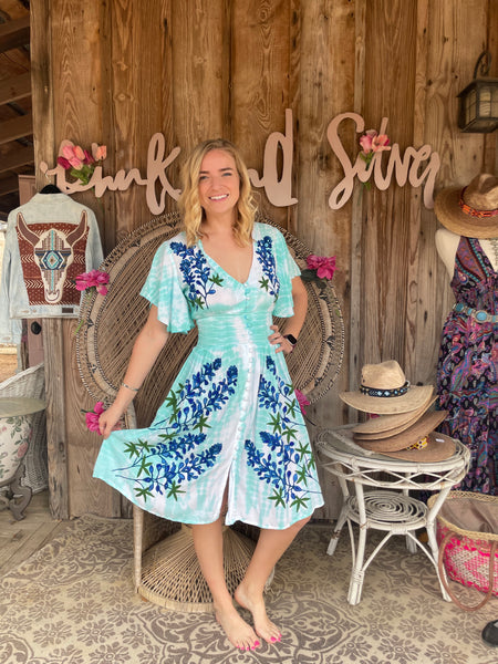 Tie dye embroidered blue bonnet dress