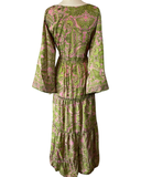 Silk Maxi dress with bell sleeves and buttons (Olive n pink)