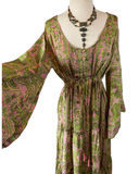 Silk Maxi dress with bell sleeves and buttons (Olive n pink)