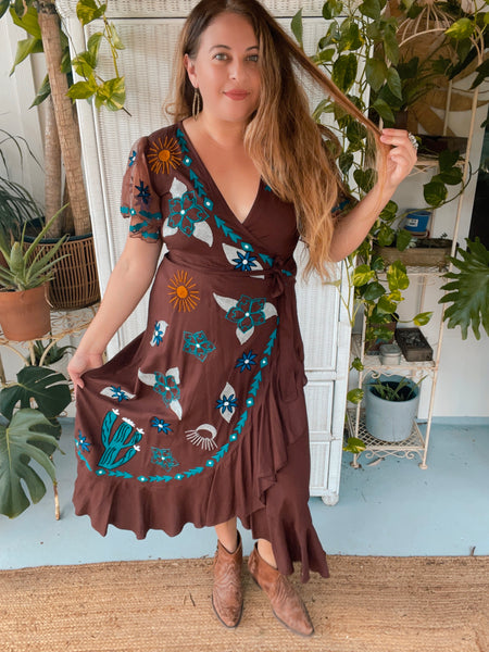 Moon and Sun Chain Stitch embroidered wrap dress