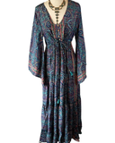 Silk Maxi dress with bell sleeves and buttons (Navy)