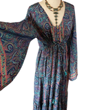 Silk Maxi dress with bell sleeves and buttons (Navy)