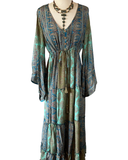 Silk Maxi dress with bell sleeves and buttons (Olive n blue )